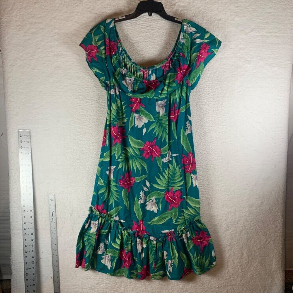 Jade Fashions Womens Green Floral Ruffle Cotton Hawaiian Midi Dress Size M 10065
